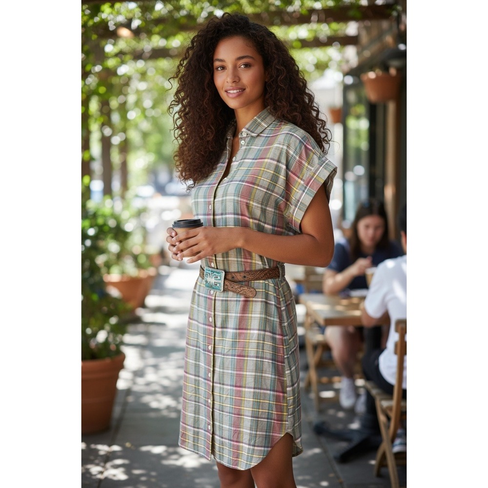 Lauren Ralph Lauren Plaid Shirtdress SZ‎ 4 Green Pink Sleeve Cuffed Mini Dress
